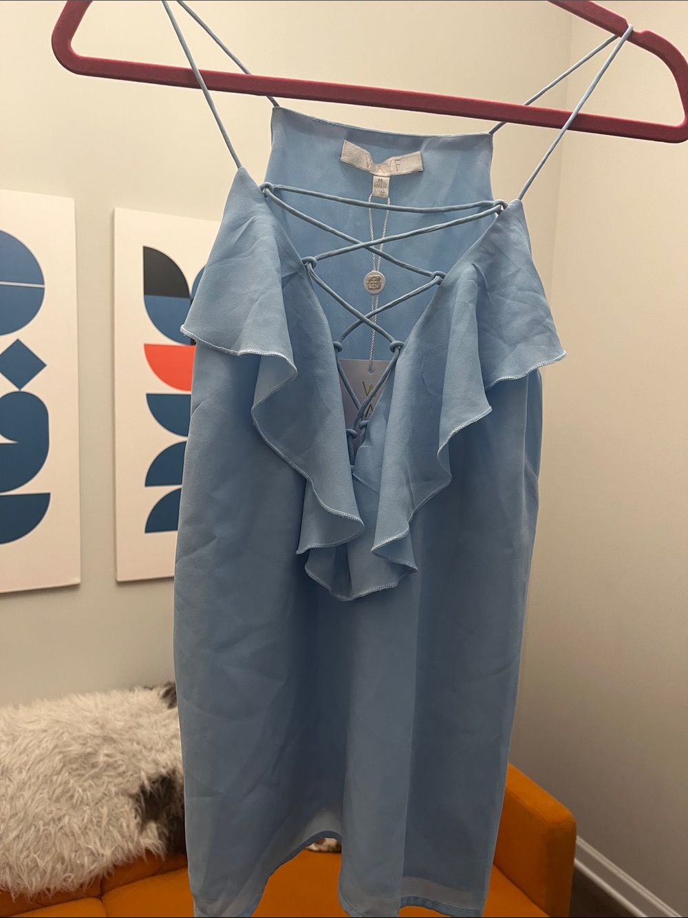 Wayf Powder Blue Lace-Up Ruffled Cami Top NWT